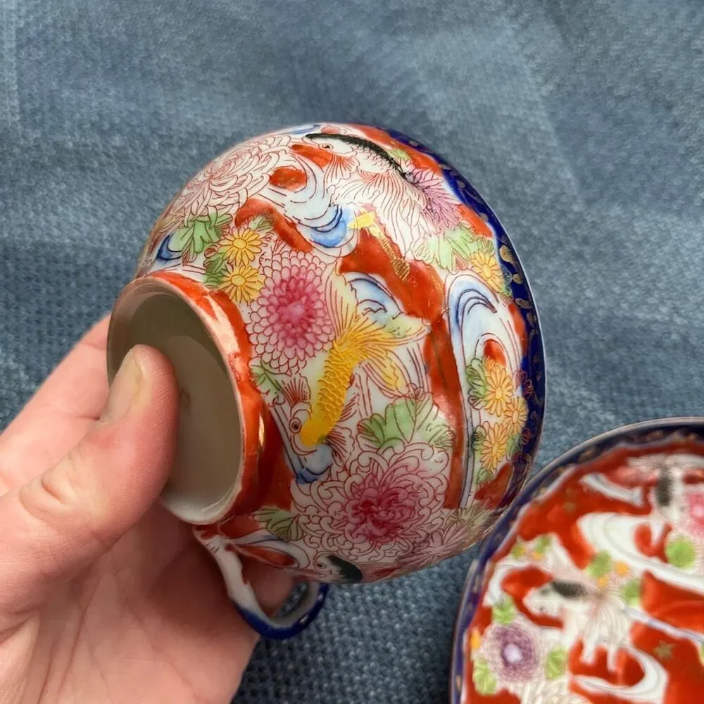 VTG Japanese Koi Fish Teacup & Saucer Set Red Floral Cobalt Rim Porcelain
